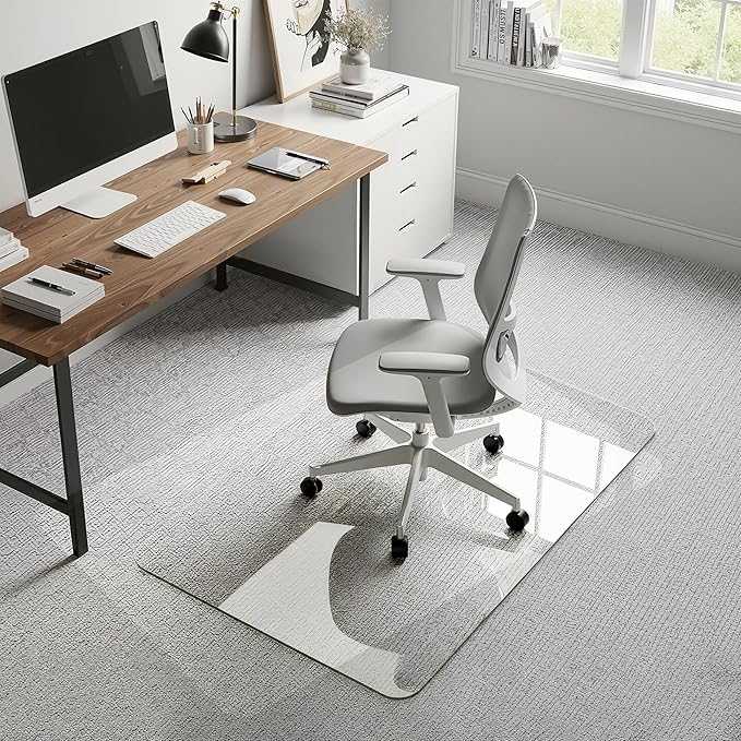 28"x42" Tempered Glass Office Chair Mat for Carpet & Hardwood Floor, 1/6" Thick Clear Floor Protector Desk Chair Mat with Rounded and Polished Edges
