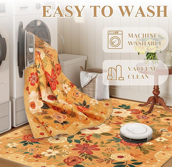 DUKINO Runner Rug, 2.6x8 Kitchen Rug for Hallway with Non Slip Backing, Washable Low Pile Soft Boho Floral Runner Carpet for Hallway, Kitchen, Entryway, Laundry, Bedroom, Orange