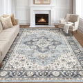 10x12 Area Rug Living Room: Washable Boho Large Neutral Vintage Soft Rugs Stain Resistant Farmhouse Non-Slip Indoor Floor Carpet for Bedroom Nursery Kids Playroom Office Dining Room- Tan Blue
