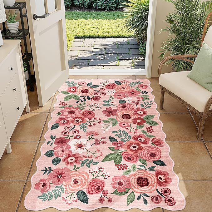 DUKINO 3x5 Area Rug, Floral Non-Slip Indoor Washable Rug with Low Pile & Non-Shedding, Lightwight Boho Design Carpet for Entryway, Bedroom, Kids Room, Living Room, Kitchen, Pink