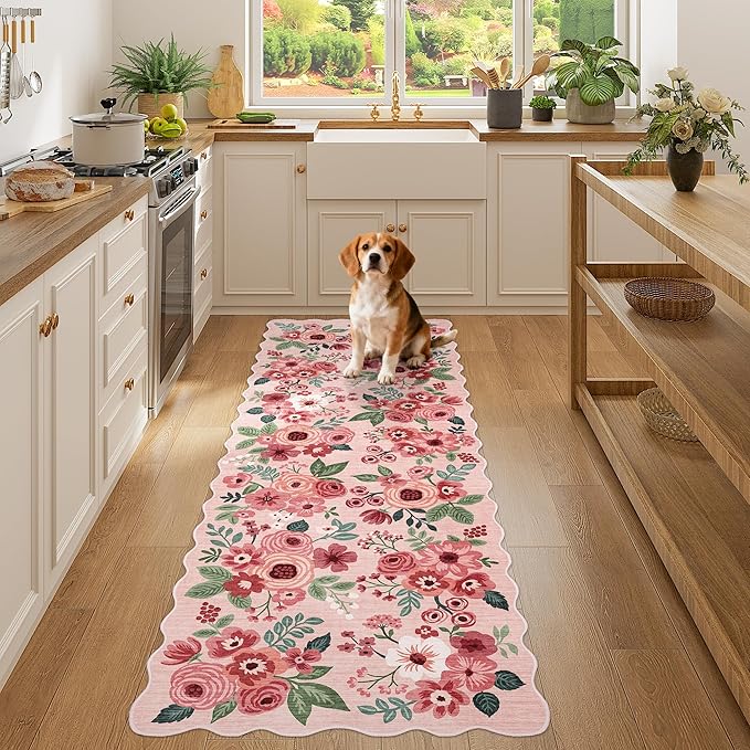 DUKINO 2x6 Runner Rug for Hallway, Washable Kitchen Rug with Non Slip Backing & Non-Shediing, Soft Low Pile Floral Design Runner for Bedroom, Kithchen, Living Room, Laundry, Bathroom, Pink