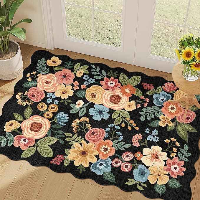 DUKINO 2x3 Entryway Rug, Floral Washable Indoor Door Mat with Non-Slip Backing, Soft Low Pile Small Front Door Throw Rugs for Entryway, Kitchen, Bedroom, Laundry, Bathroom,Black