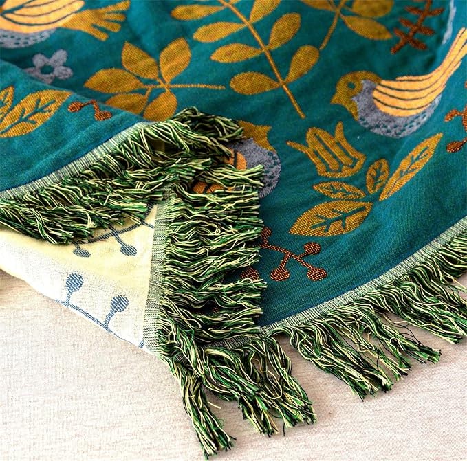 MSGKV 100% Cotton Blanket Boho Throw Blue Warm Couch Sofa Bed Double Sided Knit Super Soft Cover Sheet Reversible Wearable Fall Winter Blanket, 60''Wx 80''L, A-blue Bird (US6018-001A-150x200)