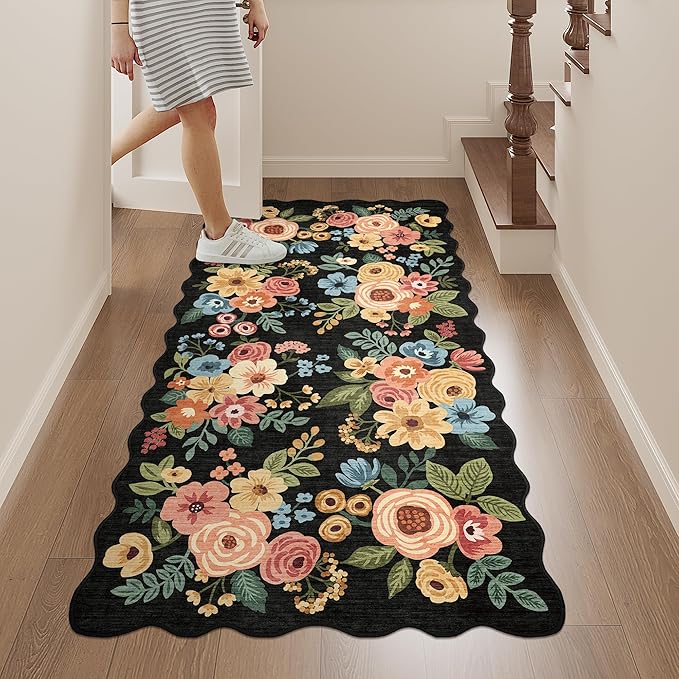 DUKINO 2x4 Washable Runner Rugs, Non Slip Floral Print Entryway Rug with Soft Low Pile, Lightweight Mat for Living Room, Bathroom, Bedroom, Kitchen, Black