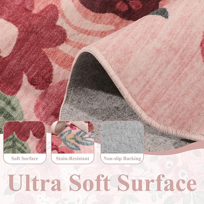 DUKINO 3x5 Area Rug, Floral Non-Slip Indoor Washable Rug with Low Pile & Non-Shedding, Lightwight Boho Design Carpet for Entryway, Bedroom, Kids Room, Living Room, Kitchen, Pink