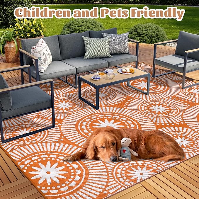 Ileading Large Plastic Outdoor Rug 8x10ft Modern Geometric Style Reversible Patio Area Rugs Waterproof Non Shedding Portable Carpets for Rv Outside Deck Pool Beach Picnic Camping (Orange)