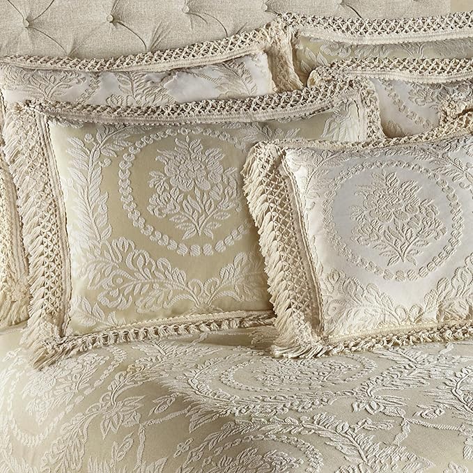 Timeless Vintage Style Bedding with Fringe Edges | Neutral Sage and Ecru | Textured Matelasse Rose Medallions and Leaves | 3 Piece Lightweight Bed Set: Oversized King Bedspread & 2 King Pillow Shams