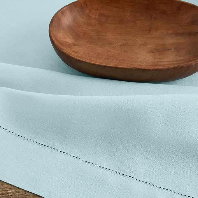 Solino Home Linen Aqua Blue Table Runner 120 Inches Long - 100% Pure Linen Hemstitch 14 x 120 Inch Table Runner for Dining, New Year - Classic Hemstitch