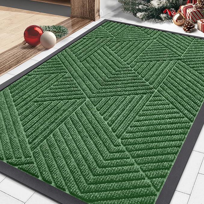 Smiry Front Door Mat Outside Entrance, Heavy Duty Sturdy Natural Rubber Doormat, Trap Dirt and Moisture, Easy Clean Low Profile Mats for Indoor Outdoor Entry, Irregular Triangle (29.5x17, Green)