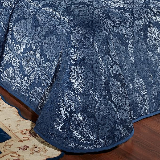 Touch of Class Camelot Luxury Bedding | Calming Navy Blue | Matte Satin Damask on Richly Textured Jacquard-Woven Chenille | Designed 3 Piece Set Includes Queen Bedspread and 2 Standard Shams