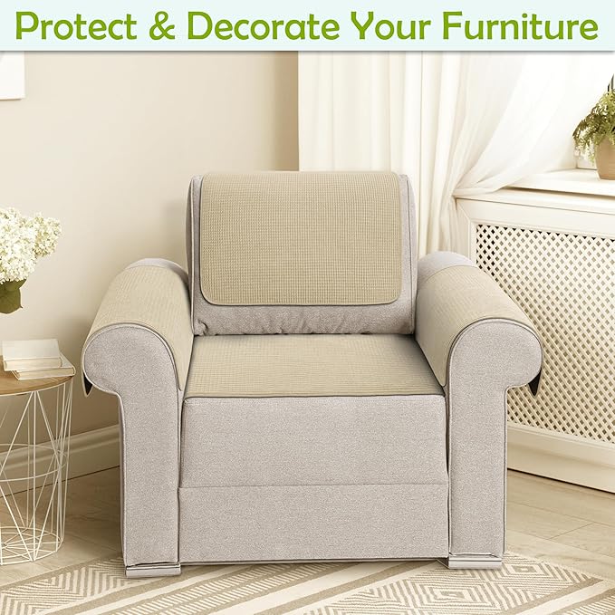 Couch Arm Covers, Waterproof Armrest Cover for Sofa, Armchair, Loveseat, Non-Slip Recliner Arm Covers, Sofa Headrest Covers, Arm Chair Covers Set of 2 (Sand, 24"×20")