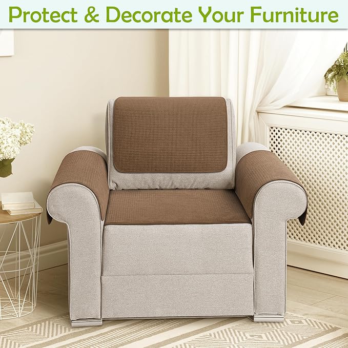 Couch Arm Covers, Waterproof Armrest Cover for Sofa, Armchair, Loveseat, Non-Slip Recliner Arm Covers, Sofa Headrest Covers, Arm Chair Covers Set of 2 (Coffee, 26"×26")