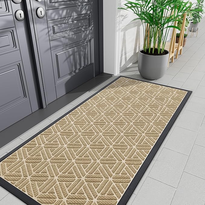 Smiry Front Door Mat Outside Entrance, Heavy Duty Sturdy Natural Rubber Doormat, Trap Dirt and Moisture, Easy Clean Low Profile Mats for Indoor Outdoor Entry, Grid Geometric (71x24, Beige)