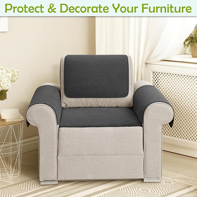 Couch Arm Covers, Waterproof Armrest Cover for Sofa, Armchair, Loveseat, Non-Slip Recliner Arm Covers, Sofa Headrest Covers, Arm Chair Covers Set of 2 (Dark Gray, 26"×26")