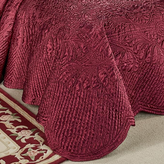 Touch of Class Portia Luxury Bedding | Rich Ruby Red | Premier Quilted Polyester Satin | Romantic Hand Guided Machine Quilted Scroll Design 3 Piece Set with Queen Bedspread and 2 Standard Shams