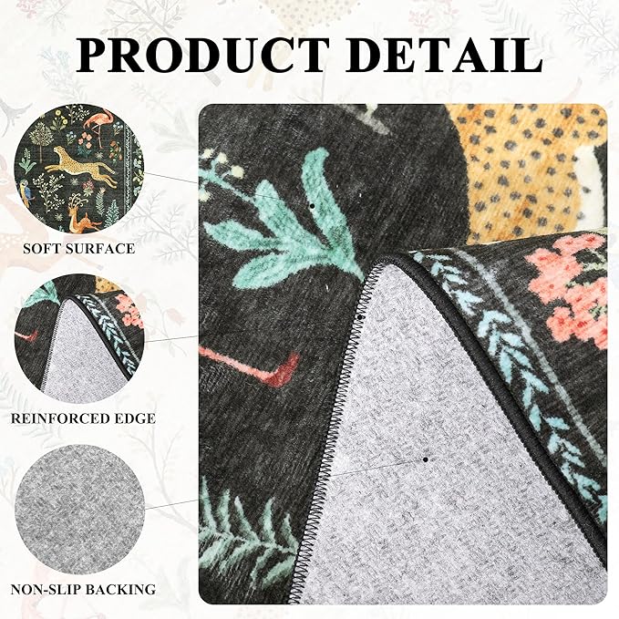 DUKINO 4ft Round Rug, Washable Round Area Rug, Non Slip Indoor Low Pile Animal Design, Soft Small Vintage Circle Carpet for Bedroom, Entryway, Living Room, Dining Room, Black