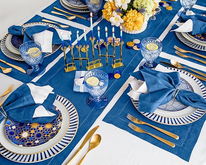 Solino Home Linen Table Runner 36 Inches - 100% Pure Linen Indigo Blue Hemstitch Table Runner 14 x 36 Inch Ideal for Dresser and Coffee Tables - Christmas, Holiday, New Year - Classic Hemstitch