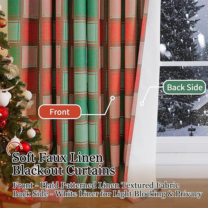 Christmas Curtains for Living Room - Plaid Linen Blackout Curtains Checkered Patterned, Thermal Insulated Gingham Striped Window Drapes for Bedroom Winter 52x72 Inch 2 Panels, Red Green