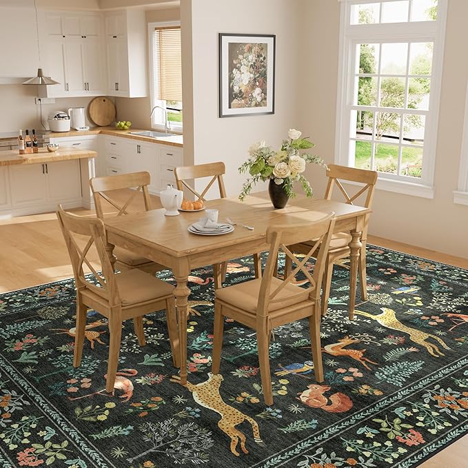 DUKINO 6x9 Rug, Washable Animal Living Room Rug with Non Slip Vintage Design, Soft Low Pile Large Carpet for Bedroom, Nursery, Dining Room, Farmhouse, Playroom, Black