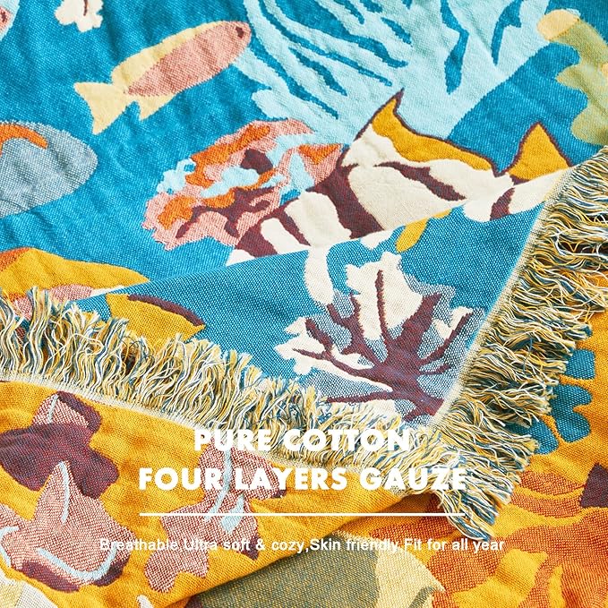 MSGKV Throw Blanket for Couch Cotton Cute Ocean Animals Blanket 50"x60" Sofa Chair Blankets Muslin Breathable All Seasons Lightweight Farmhouse Home Decor