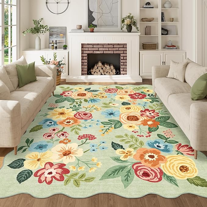 DUKINO 5x7 Area Rug, Floral Washable Rugs for Living Room with Non Slip Backing & Non-Shedding, Lightwight Low Pile Boho Design Large Carpets for Bedroom, Living Room, Dining Room, Green