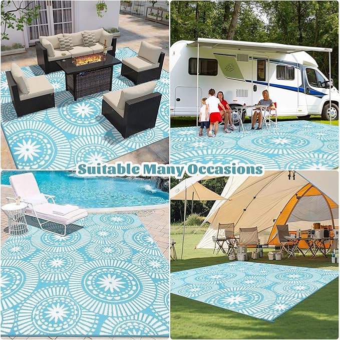 Ileading Large Plastic Outdoor Rug 8x10ft Modern Geometric Style Reversible Patio Area Rugs Waterproof Non Shedding Portable Carpets for Rv Outside Deck Pool Beach Picnic Camping (Teal)