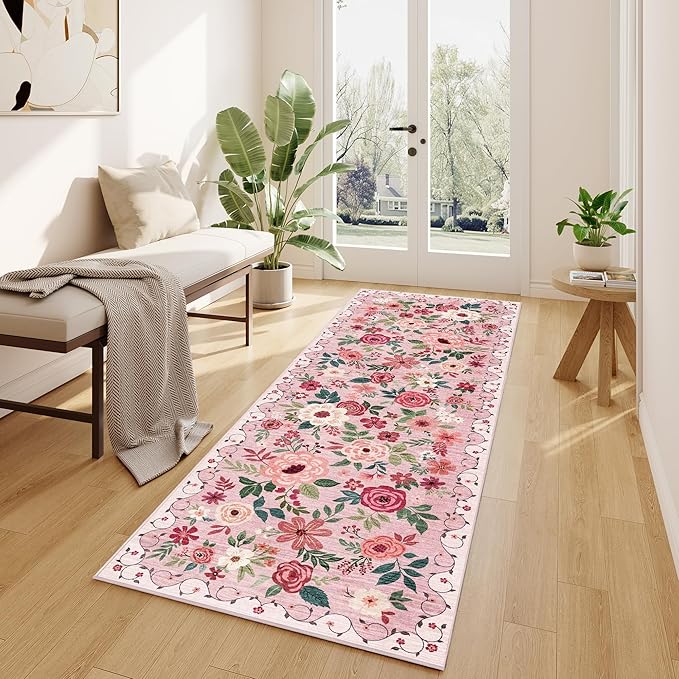 DUKINO 2x10 Kitchen Runner Rug for Hallway, Washable Runner Rug with Non Slip Backing, Low Pile Soft Boho Floral Carpet for Kitchen, Hallway, Entryway, Laundry, Bedroom, Pink