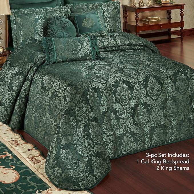 Touch of Class Camelot Luxury Bedding | Striking Emerald Green | Matte Satin Damask on Richly Textured Jacquard-Woven Chenille | Designed 3 Piece Set Includes Cal King Bedspread and 2 King Shams