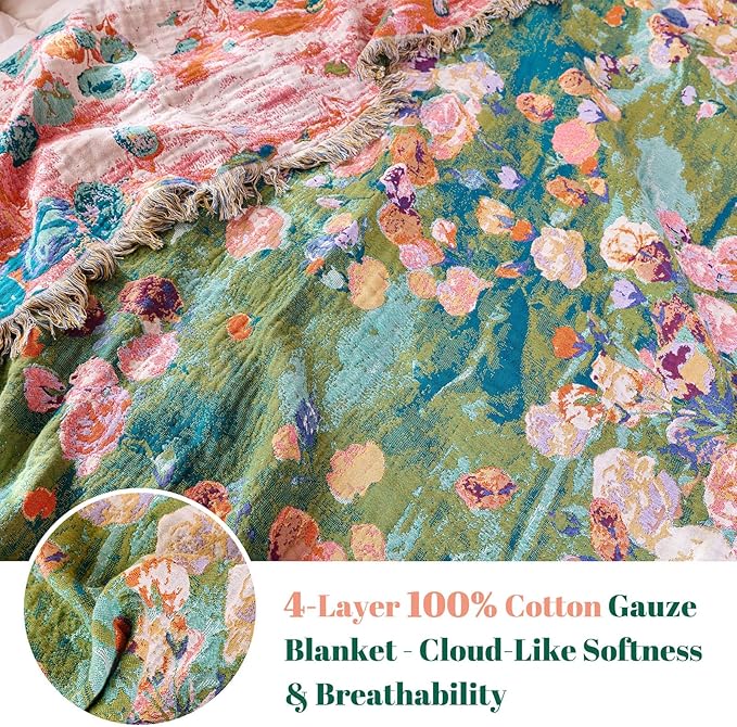 MSGKV Boho Throw Blanket for Couch Cotton Floral Blanket 50"x60" for Sofa Chair Throws Muslin Breathable Lightweight Farmhouse Blankets Home Decor All Seasons