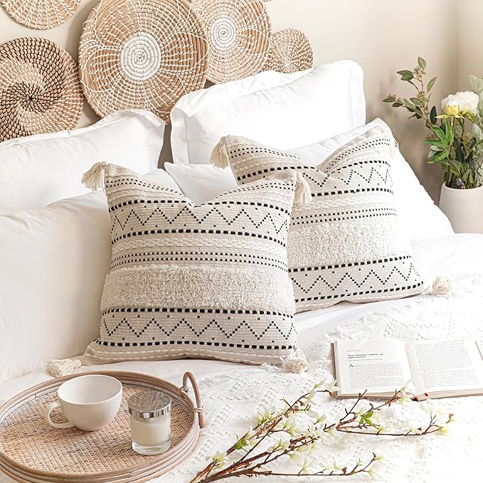 BlissBlush Decorative Throw Pillow Cover 20x20 Combo Set of 2 Square Boho Black Neutral Accent Pillowcase Tassels Farmhouse Cushion for Couch Sofa Bedroom Living Room Home Décor Cover ONLY