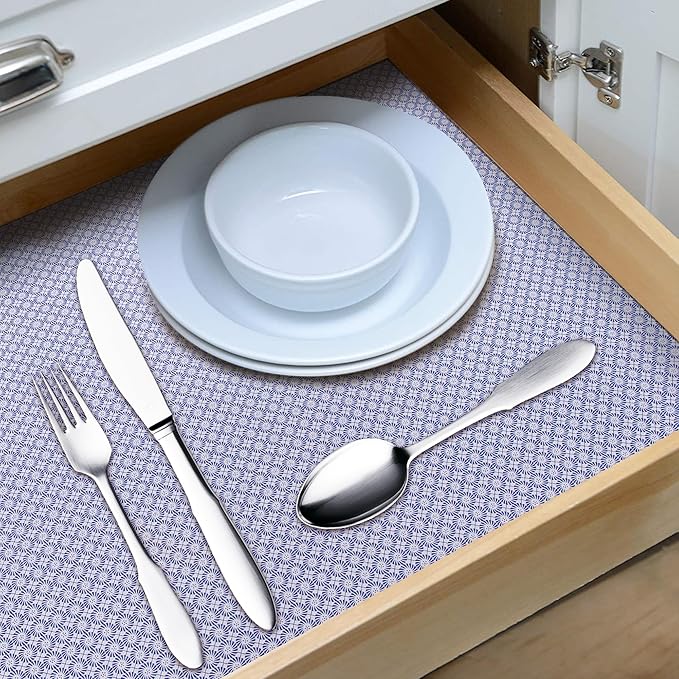 RAY STAR 18X96 Inch Shelf Liner for Kitchen Cabinets, Non-Adhesive Cabinet Liner Washable, PVC Drawer Liner for Dresser Non-Slip Bathroom (Blue Circle)(4 Roll)