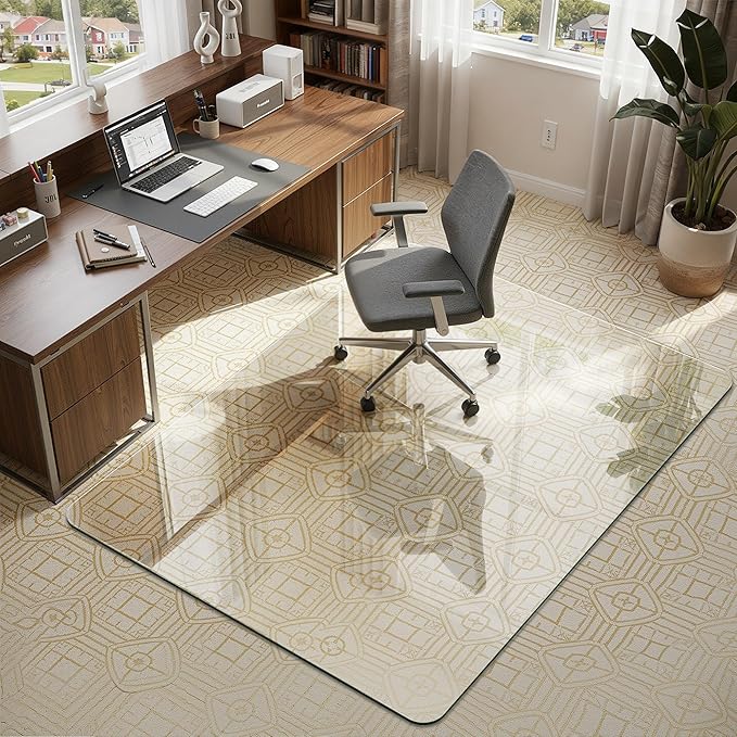 45"x60" Tempered Glass Office Chair Mat for Carpet & Hardwood Floor, 1/5" Thick Clear Floor Protector Desk Chair Mat with Rounded and Polished Edges