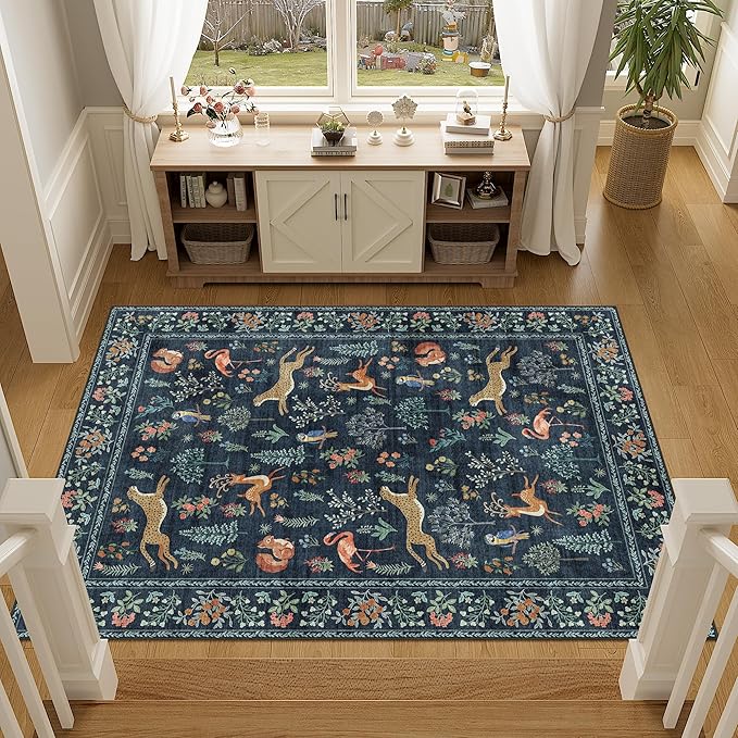 DUKINO 4x6 Rug, Washable Animal Area Rug with Non Slip Vintage Design, Indoor Soft Low Pile Carpet for Bedroom, Nursery, Dining Room, Farmhouse, Playroom, Navy Blue