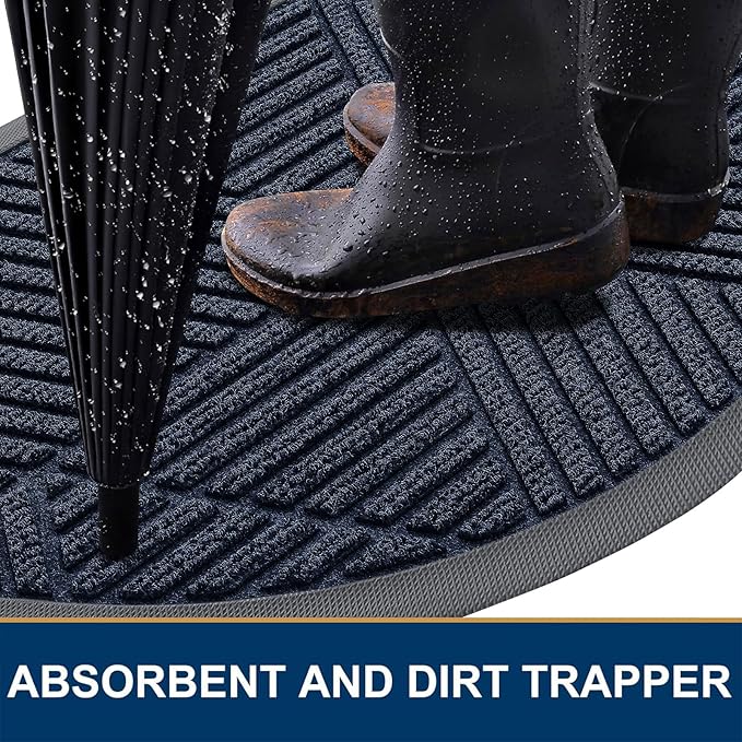 Smiry Half Circle Front Door Mat Outside Entrance, Heavy Duty Sturdy Natural Rubber Doormat, Trap Dirt and Moisture, Low Profile Mats for Indoor Outdoor Entry, Irregular Triangle (36x24, Navy Blue)