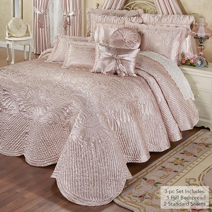 Touch of Class Portia Luxury Bedding | Posh Rose Quartz | Premier Quilted Polyester Satin | Romantic Hand Guided Machine Quilted Scroll Design 3 Piece Set with Full Bedspread and 2 Standard Shams