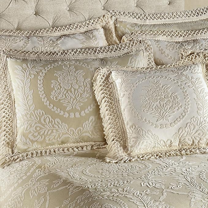 Timeless Vintage Style Bedding with Fringe Edges | Neutral Sage and Ecru | Textured Matelasse Rose Medallions and Leaves | 5 Piece Lightweight Bed Set: Oversized King Bedspread & 4 King Pillow Shams