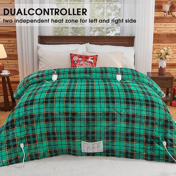 Heated Electric Blanket Queen Size, 84X90 Christmas Blanket With Dual Control&10 Heats Levels&Timer For Bed,Green Plaid Sherpa Heating Blankets Queen Warmer Gift for Grandma Women Adults, Washable