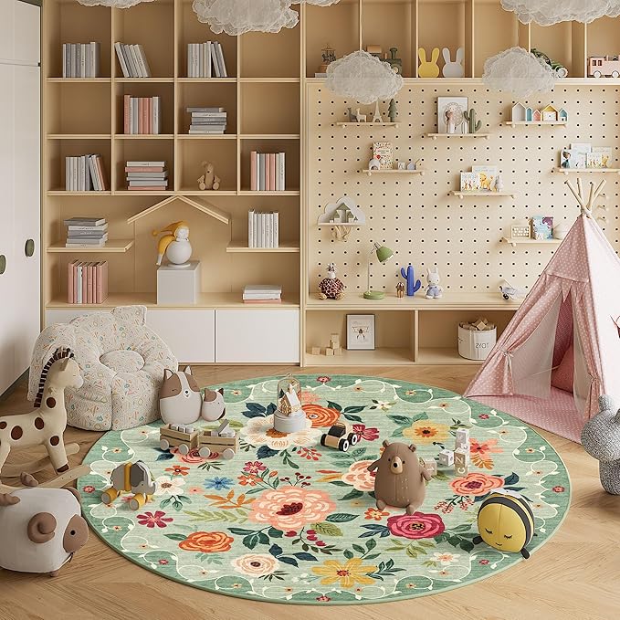 DUKINO Floral Round Rug, 6ft Washable Circle Rug, Non Slip Indoor Low Pile Circle Rug, Soft Small Boho Design Carpet for Bedroom, Entryway, Living Room, Dining Room, Green