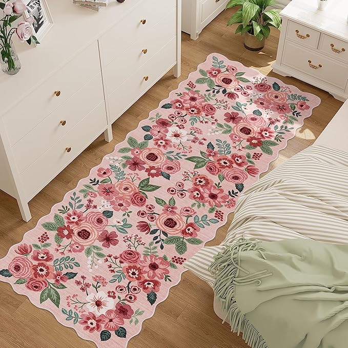 DUKINO 2x6 Runner Rug for Hallway, Washable Kitchen Rug with Non Slip Backing & Non-Shediing, Soft Low Pile Floral Design Runner for Bedroom, Kithchen, Living Room, Laundry, Bathroom, Pink