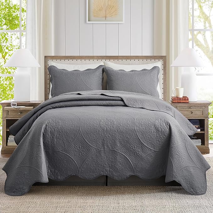 IR Imperial Rooms Twin Quilt Bedding Set Size (68” x 86”) + 1 Pillow Shams (20” x 26” + 2”) - 2 Pcs All Season Lightweight Reversible Microfiber Coverlet Floral Embossed Quilt Bedspread (Grey)