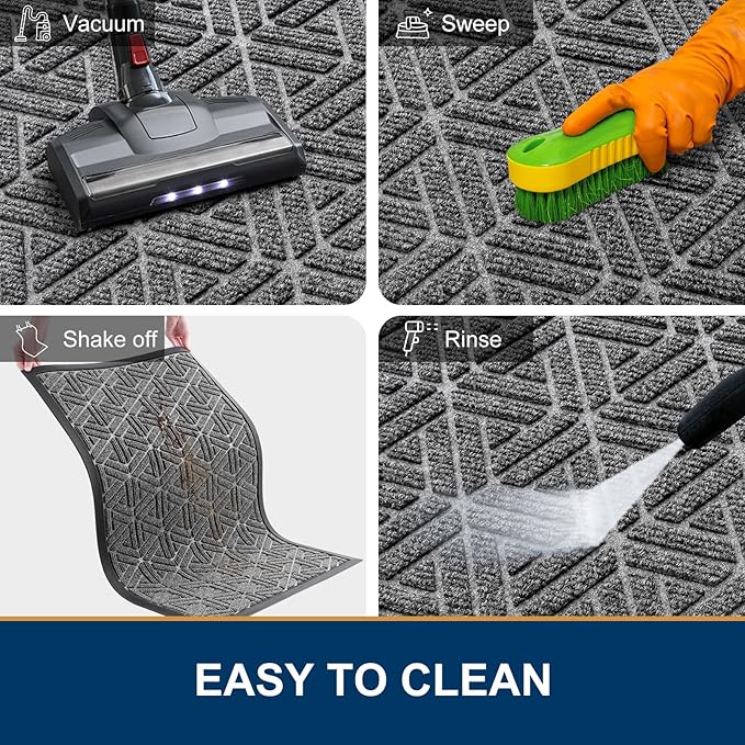 Smiry Front Door Mat Outside Entrance, Heavy Duty Sturdy Natural Rubber Doormat, Trap Dirt and Moisture, Easy Clean Low Profile Mats for Indoor Outdoor Entry, Grid Geometric (47x32, Silver Grey)