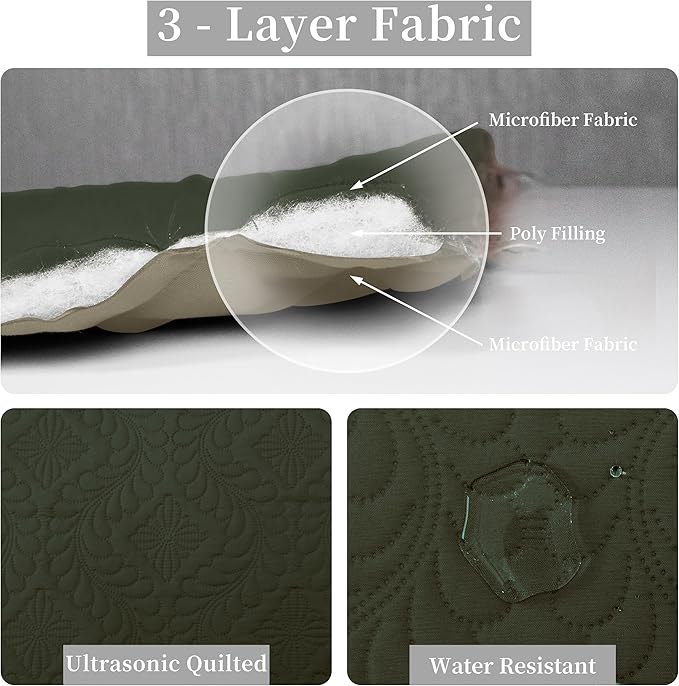 Easy-Going Twin Size Reversible Quilt Set with 1 Quilt and 1 Pillow Sham, Soft Bed Quilt Cover, Water Resistant Lightweight Microfiber Bedspread, Stain Resistant, Olive Leaf-Army Green/Beige
