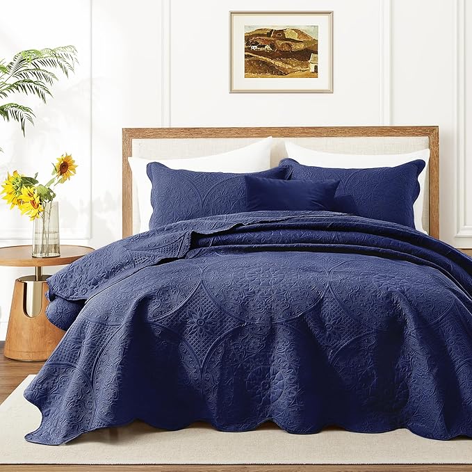 IR Imperial Rooms King Quilt Bedding Set Size (106" x 96") + 2 Pillow Shams (20" x 36"+ 2") - 3 Pcs All Season Lightweight Reversible Microfiber Coverlet Floral Embossed Quilt Bedspread (Blue)