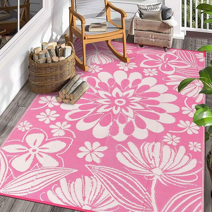 Ileading Outdoor Plastic Straw Rug 6x9ft Funny Floral Style Reversible Patio Area Rugs Waterproof Non Shedding Portable Carpets for Rv Outside Deck Pool Beach Picnic Camping (Pink)