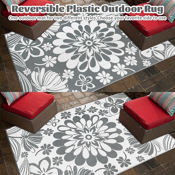 Ileading Outdoor Plastic Straw Rug 8x10ft Funny Floral Style Reversible Patio Area Rugs Waterproof Non Shedding Portable Carpets for Rv Outside Deck Pool Beach Picnic Camping (Grey)