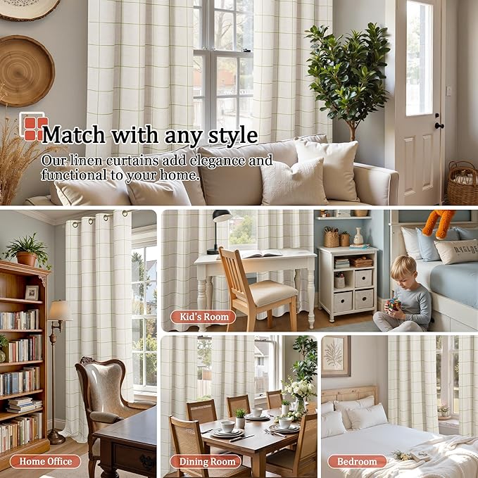 Sage Green Plaid Curtains Pattern Printed 90 Inches Long - Total Linen Blackout Curtains for Living Room, Boho Grommet Drapes for Farmhouse Thermal Drapery 52x90 Inch 2 Panels