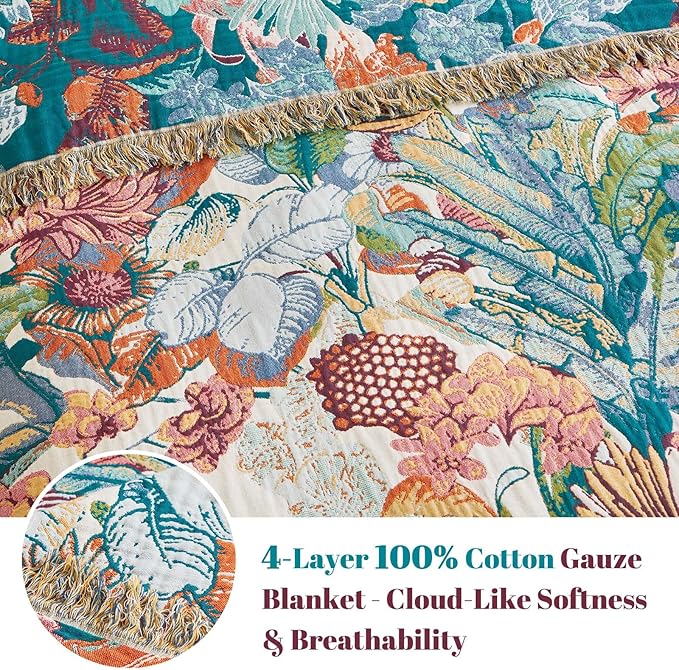 MSGKV Boho Throw Blanket for Bed Twin Size 100% Cotton Floral Blanket 60"x80" for Sofa Couch Muslin Breathable All Seasons Farmhouse Lightweight Blankets Home Decor