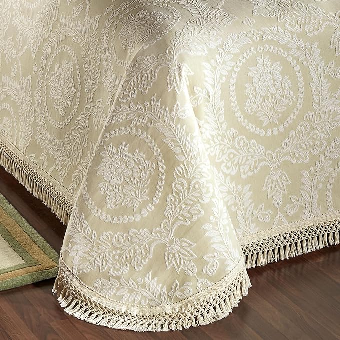 Timeless Vintage Style Bedding with Fringe Edges | Neutral Sage and Ecru | Textured Matelasse Rose Medallions and Leaves | 3-Pc Lightweight Bed Set: Oversized Full Bedspread & 2 Standard Pillow Shams