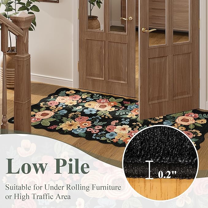 DUKINO 2x4 Washable Runner Rugs, Non Slip Floral Print Entryway Rug with Soft Low Pile, Lightweight Mat for Living Room, Bathroom, Bedroom, Kitchen, Black