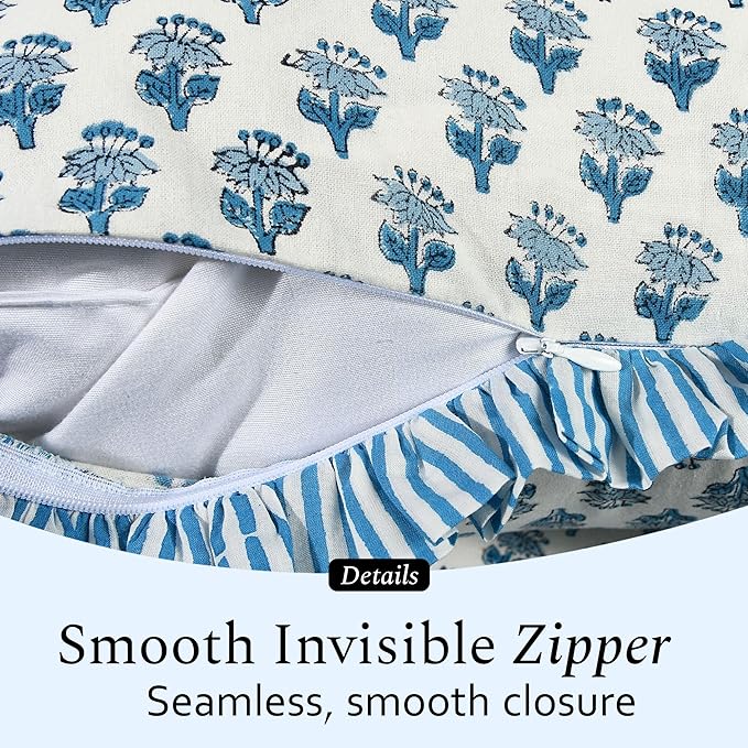 CPC Apatite Blue 100% Cotton Block Print Ruffle Sham Cover 20X30 inch Pack of 2, Handmade Boho Floral Pillowcase, Soft Decorative Lumar Cushion Cover for Bedroom Décor